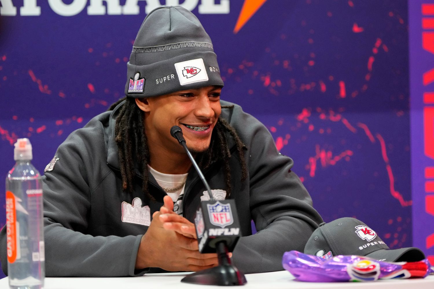 Feb 5, 2024; Las Vegas, NV, USA; Kansas City Chiefs running back Isiah Pacheco (10) talks to the media during Super Bowl LVIII Opening Night at Allegiant Stadium. Mandatory Credit: Lucas Peltier-USA TODAY Sports  